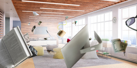Sunny office with objects flying around