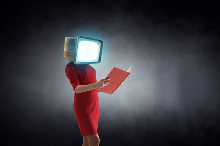 Vintage monitor headed woman. Business efficiency concept. Mixed media
