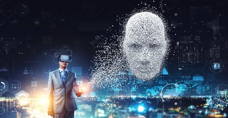 Digital head, artificial intelligence and virtual reality. Mixed media