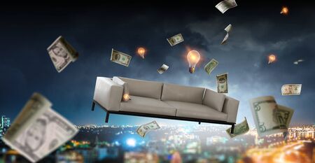 Modern white sofa flying over night city