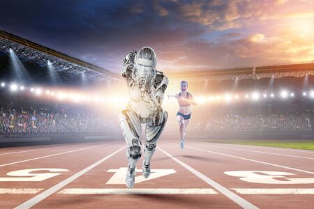 Cyborg silver running woman. Mixed mediaの写真素材