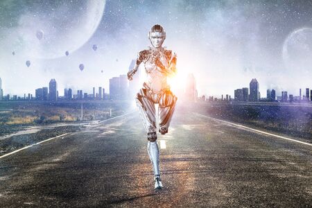 Cyborg silver running woman. Mixed mediaの写真素材