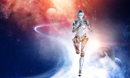 Cyborg shining silver woman running in space. Mixed mediaの写真素材