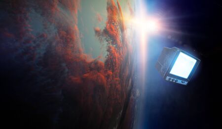 Retro TV flying in spaceの写真素材