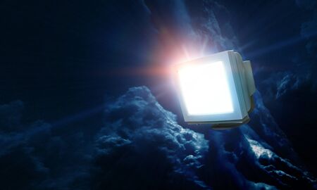 Retro pc screen flying in spaceの写真素材