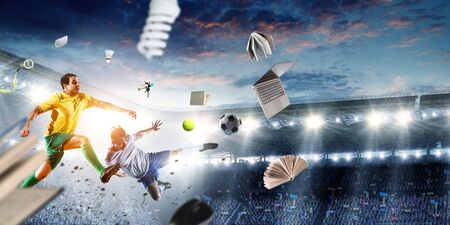 Soccer player on stadium in action. Mixed media