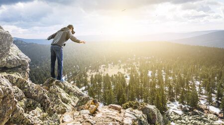 Virtual reality experience, young man in VR glassesの写真素材
