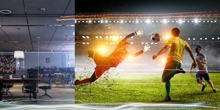 Real room vs virtual reality stadium football gameの写真素材