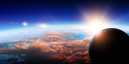 Abstract planets and space texture with sunrise and clouds