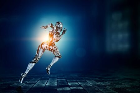 Cyborg shining silver woman running fast. Mixed mediaの写真素材