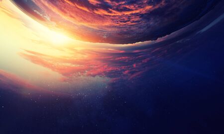 Planet orbit with sunrise and starry sky