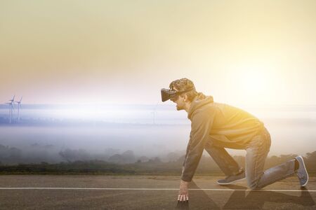 Young man in virtual reality. Mixed media