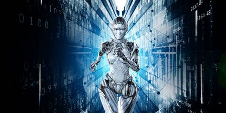 Cyborg silver running woman. Mixed mediaの写真素材