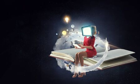 Woman with computer screen head. Efficiency concept.の写真素材