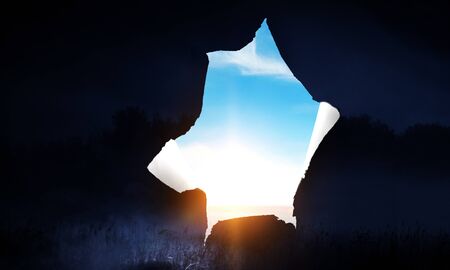 Hole in wallpaper. Mixed media