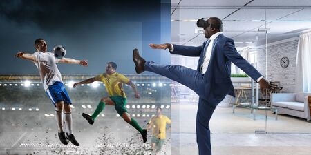 African man in virtual helmet . Mixed media
