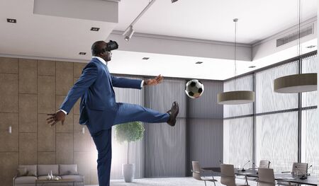 Black Man and Virtual Reality Soccer Gameの写真素材