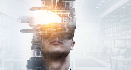 Abstract image of virtual reality experience, a man in VR glasses