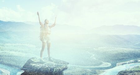 Travelling female tourist with backpackの写真素材