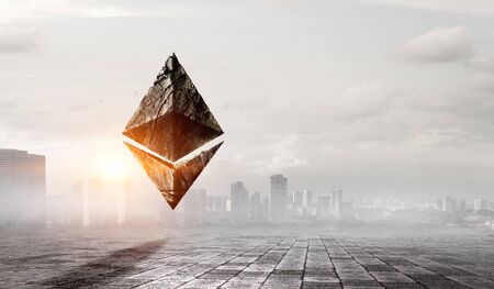 Ethereum symbol on cityscape background