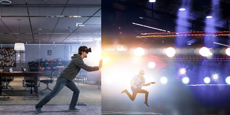 Virtual reality experience. Man in VR glasses