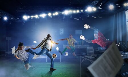 Soccer man in action with ball. Mixed media