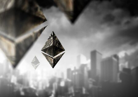Ethereum symbols on cityscape backgroundの写真素材