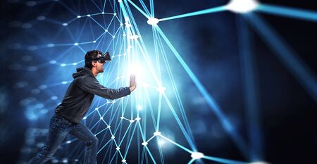 Virtual reality experience. Man in VR glasses