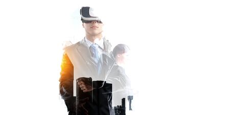 Businessman in virtual mask. Mixed media