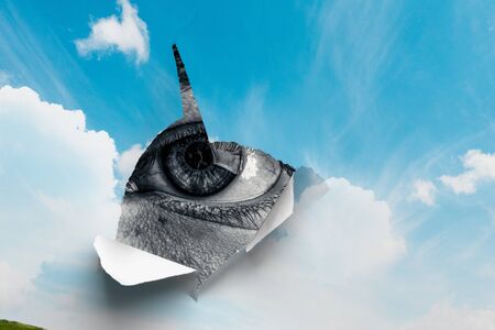 Eye in a hole of torn paperの写真素材