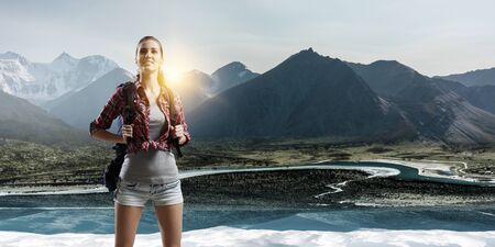 Travelling female tourist with backpack