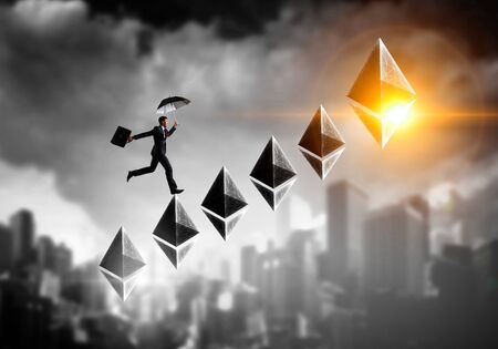 Cryptocurrency success ladder in the skyの写真素材