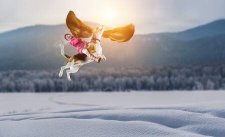 Super hero and her flying dogの写真素材