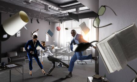 Soccer man in action with ball. Mixed mediaの写真素材