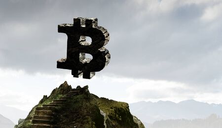 Bitcoin symbol over mountain with ladderの写真素材
