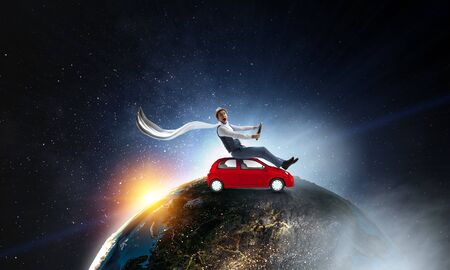 Happy travelling on toy vehicleの写真素材