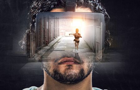 Man in VR glasses travels to virtual world
