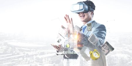 Businessman in virtual mask. Mixed media