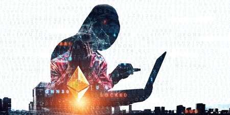 Hacker into crypto world. mixed mediaの写真素材