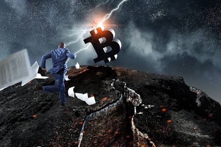 Businessman running up to top. Mixed mediaの写真素材