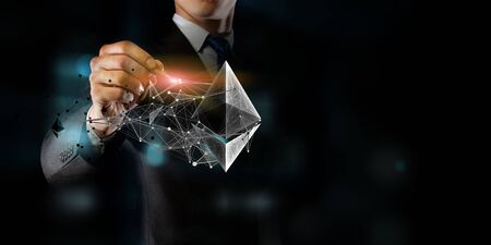 Close of elegant businessman drawing bitcoin concept on screen. 3d renderingの写真素材