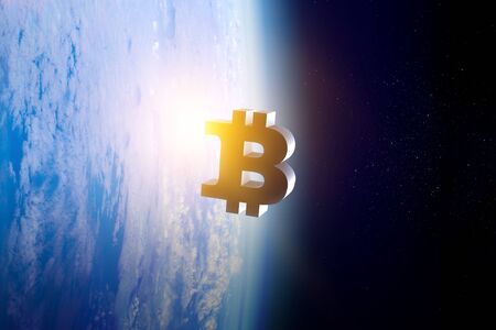 Bitcoin symbol in outer spaceの写真素材