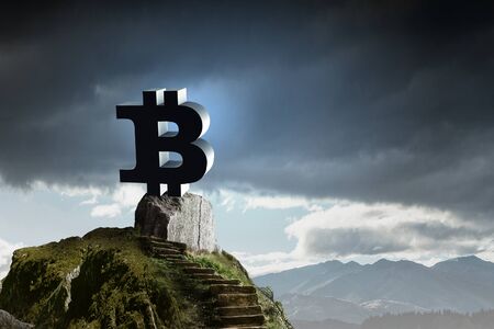 Stone bitcoin crypto currency symbol. Mixed mediaの写真素材