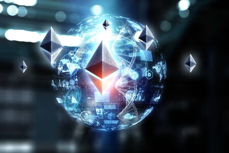 Ethereum hologram symbol and connection lines. 3d rendering