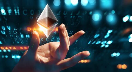Close of businessman hand taking crypto currency symbol. 3d rendering