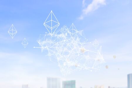 Ethereum crypto currency icon on cityscape background. 3d rendering
