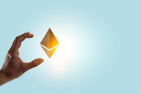 Male hand on blue background take ethereum symbol. 3d rendering
