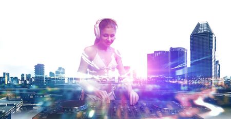 Cute dj woman at console. Mixed media