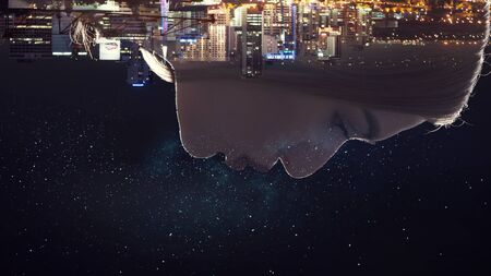 Profile of woman kissing against dark cityscape background