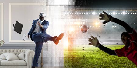 Aframerican man wearing virtual helmet and trying soccer game. Mixed media